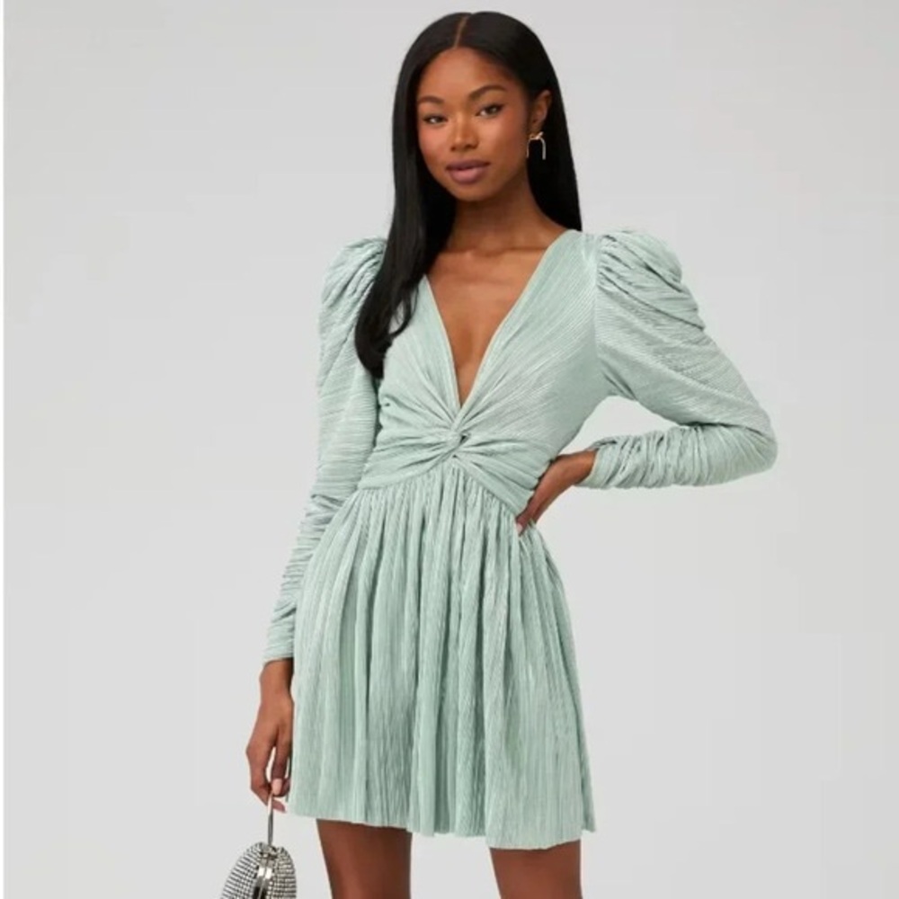 Sabina Musayev Morgana Mint Pleated Mini Dress Metallic Plisse V Neck Size M EUC